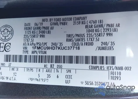 2019 Ford Escape Sel из США, поврежденный, VIN 1FMCU9HD7KUC37718